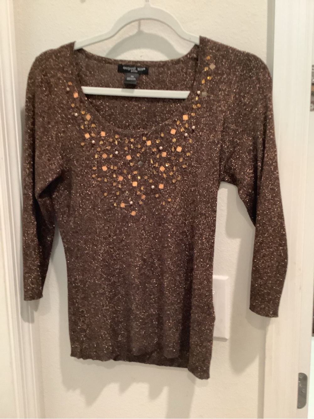 Worthington Brown Metallic Jewel-Embellished Scoop-Neck Top